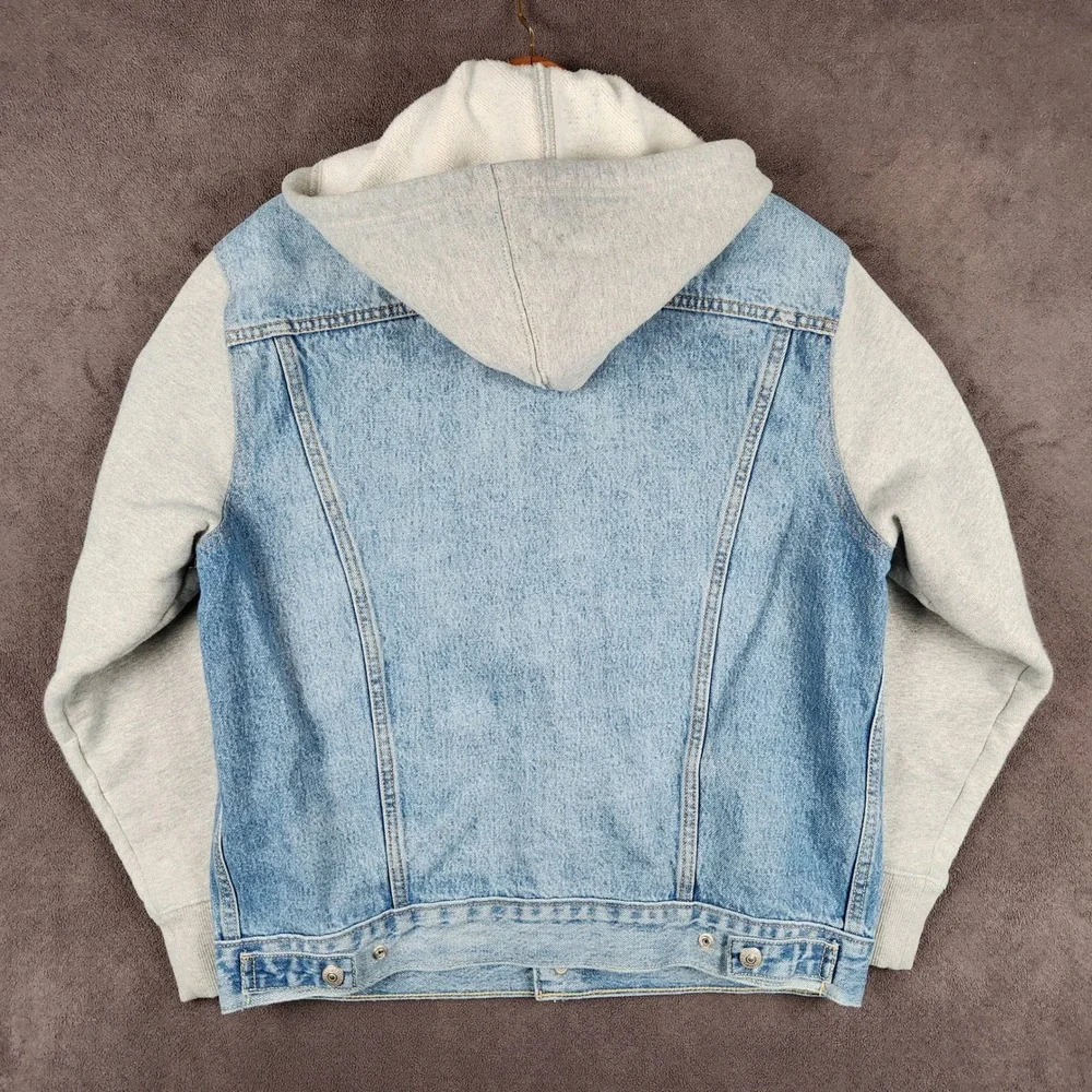 Levis Hybrid Hoodie Trucker Jacket Mens‎ Medium Blue Denim Grey Jersey Sleeves - Picture 3 of 13